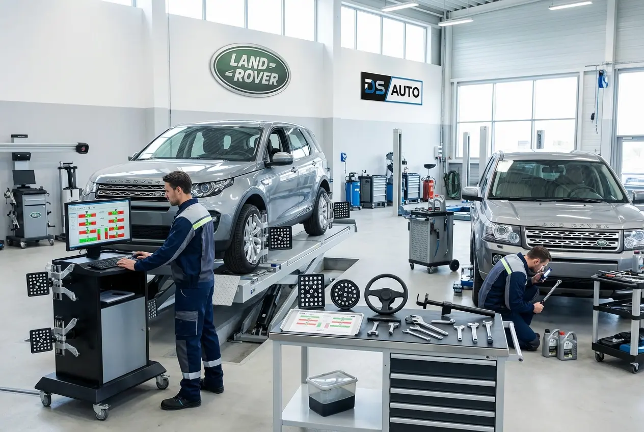 Процесс регулировки развал-схождения колес автомобиля Land Rover в автосервисе DS Auto в Жуковском